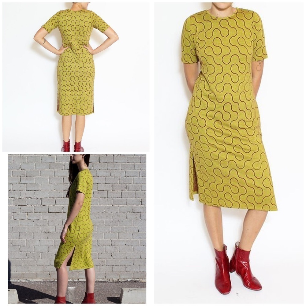 EUC Dusen Dusen Knit Graphic Swirl Lines Modern Made in USA Midi Dress M​